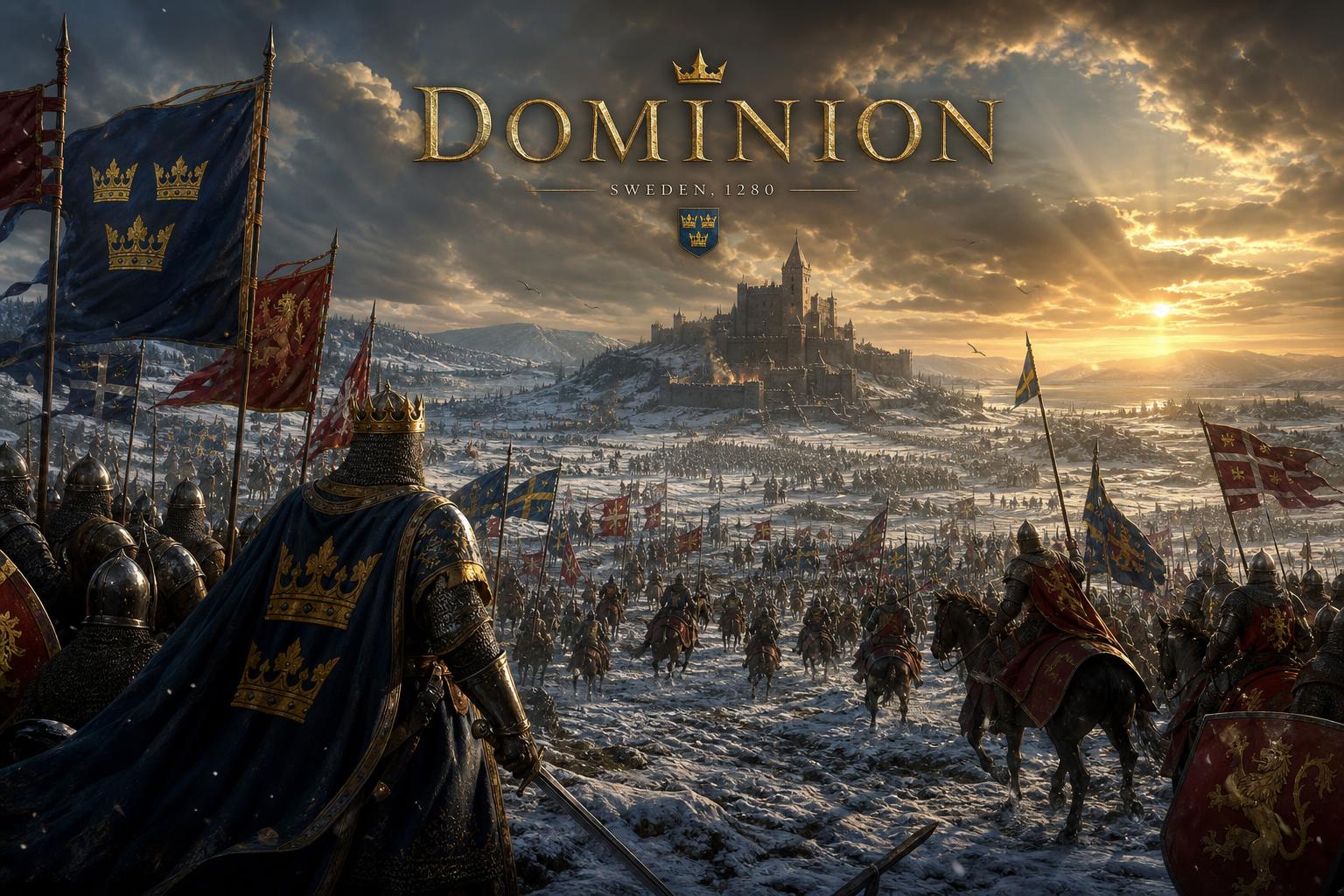 Dominion key art — a Swedish king and his host of armored knights advancing across a frozen battlefield toward a besieged castle