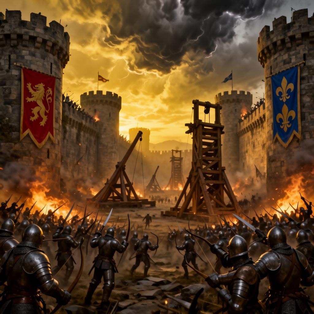 A massive castle siege at dusk with knights, archers and siege engines