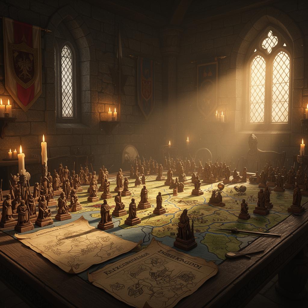 A candlelit medieval war room with a map table and carved unit pieces