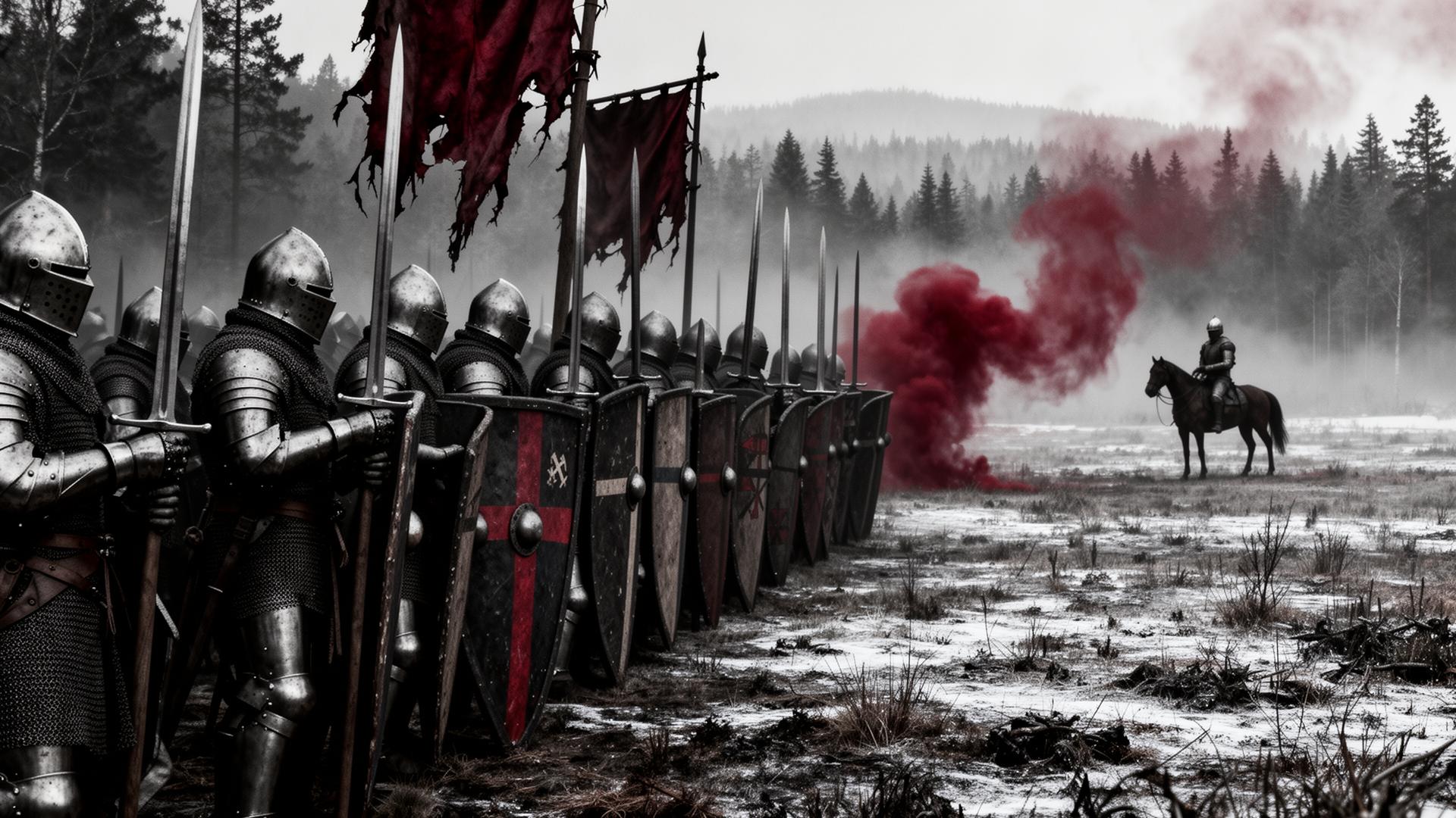 A frozen medieval battlefield with a shield wall of armored knights and a lone mounted knight in crimson smoke