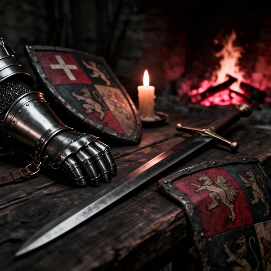 A knight's steel gauntlet, longsword and heraldic shields lit by candlelight and hearth