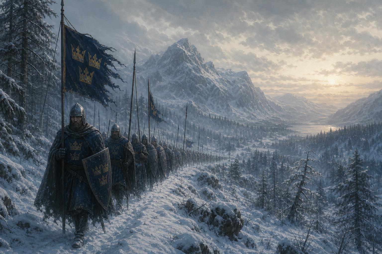 A disciplined column of medieval knights bearing the Tre Kronor banner marching through a frozen Swedish mountain pass
